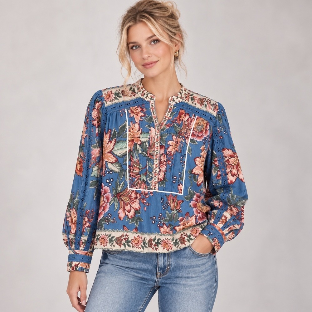 Farm Rio Wonderful Bouquet Floral Eyelet Lace Pintuck Blouse Blue Size L Artisan